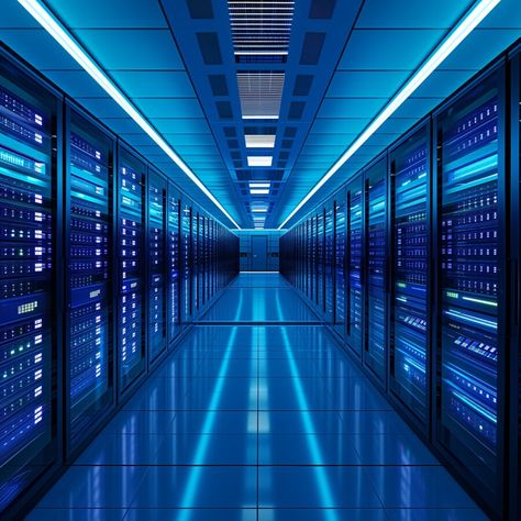 A state-of-the-art data center with rows of servers illuminated by soft blue lights. Hugh Howey, Data Center Design, Library Project, Comic Reference, Server Room, Control Room, Hanuman Chalisa, Models Needed, Blue Lights