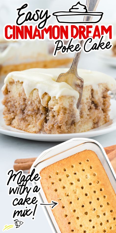 If you love cinnamon rolls but want something a little different, then this cinnamon roll poke cake will be perfect. This easy-to-make recipe uses a box of white cake mix to do the hard work and is ready in less than an hour, including making the delicious cream cheese frosting on top. Things To Do With Cake Mix Recipes, Canola Poke Cake, Cinnamon Roll Pumpkin Cake, One Pan Desserts Baking, Box Cake With Greek Yogurt, White Cake Mix Cherry Pie Filling, Easy Cake Recipes Using Cake Mix Boxes, Yellow Cake Mix Sweetened Condensed Milk, Easy Poke Cake Recipes Condensed Milk