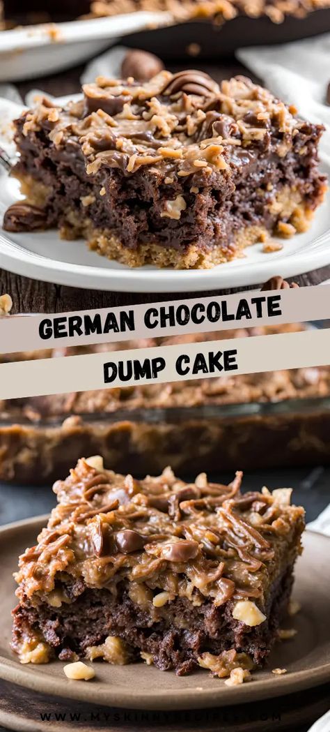 🍫🥥 German Chocolate Dump Cake 🥥🍫Easy and delicious German Chocolate Dump Cake with layers of coconut, pecans, chocolate, and caramel. Perfect for any occasion and a hit with everyone! #DumpCake #GermanChocolate #EasyDessert #ChocolateLovers #myskinnyrecipes  🍰🍴 German Chocolate Dump Cake, Dump Cake Easy, Dump Cake Recipes Chocolate, Chocolate Dump, Cake With Layers, Chocolate Cake Mix Recipes, Chocolate Dump Cake, Brownie Desserts Recipes, German Chocolate Cake Mix