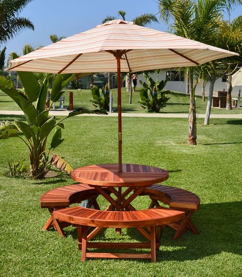 Wood table Backyard Seating Area, Folding Picnic Table, Picnic Table Ideas, Outdoor Umbrella Table, Build A Picnic Table, Picnic Table With Umbrella, Picnic Table Plans, Diy Furniture Videos, Wooden Picnic Tables