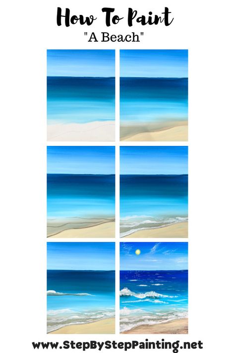 How To Paint A Beach - Acrylic Painting Tutorial Beach Theme Canvas Painting Diy, How To Paint Seascapes In Acrylics, Beach Easy Painting Ideas, Acrylic Paint Beach Scene, Beach Art Tutorial, Beach Scene Acrylic Painting, Diy Ocean Canvas Painting, Beautiful Beach Paintings, Beach Painting On Wood