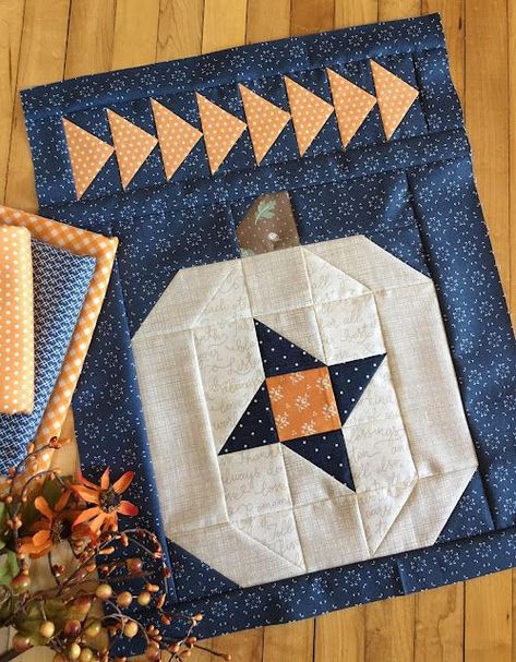 Pumpkin Sky Pillow: Let's feature a white pumpkin! | Carried Away Quilting | Bloglovin’ Pumpkin Quilt Block Free Pattern, Pumpkin Quilt Pattern, Pumpkin Quilt, Autumn Quilts, Halloween Quilt Patterns, Halloween Blocks, Fall Quilt Patterns, Quilt Hangers, Fall Quilt