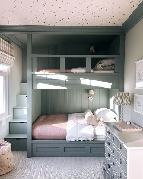 The New Era of Bunk Beds: 21 Fab Bunk Beds Ideas To Try 4 Walk In Closet Bunk Beds, Bunk Bed With Closet Underneath, Bunk Bed Interior Design, Bunk Room Storage Ideas, Green Built In Bunk Beds, Built In Cabin Beds, Double Bed Bunk Beds Built Ins, Bunk Bed Window Wall, Twin And Queen Bunk Bed