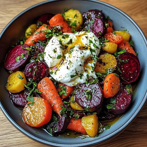 Vibrant Roasted Beets & Carrots with Creamy Burrata Salad Golden Beets Recipe, Carrots Salad, Roasted Beets And Carrots, Beets Carrots, Carrots Side Dish, Beet Salad Recipes, Roasted Beet Salad, Burrata Salad, Golden Beets