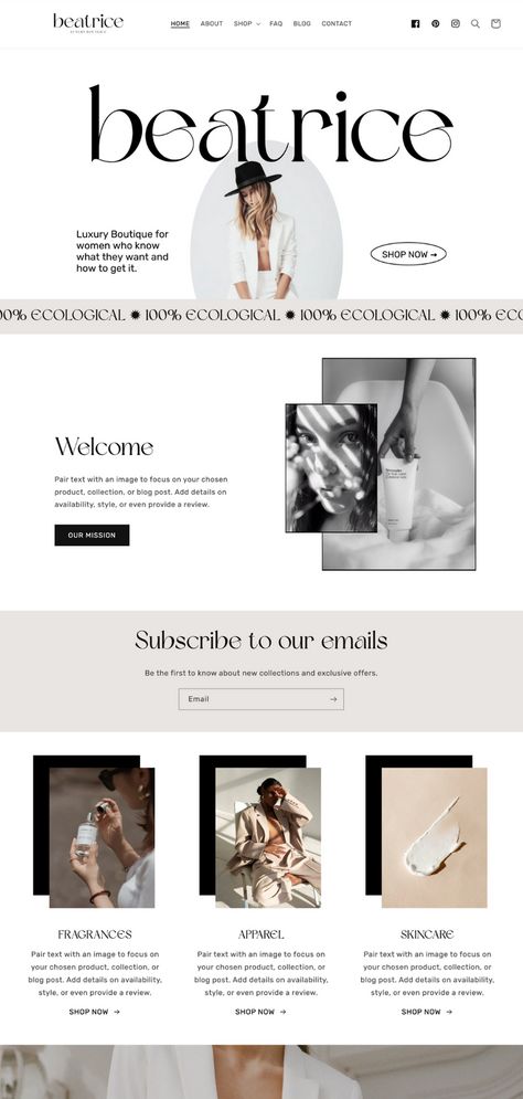 Ecommerce Template Design, Fashion Designer Website Design, Aesthetic Shopify Website, White And Black Website Design, Elegant Website Design Layout, Lux Website Design, High Fashion Website Design, Minimal Template Design, Running Website Design