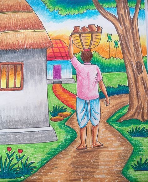 Pastel Colour Scenery Drawing, Scenery Drawing With Human, Scenery Painting With Human, Pastel Scenery Painting, Human Figure Drawing Colour Pencil, Drawing Ideas Scenery Easy, Pastel Colors Drawing Ideas, Scenery With Human Figures, Oil Pastel Figure Drawing