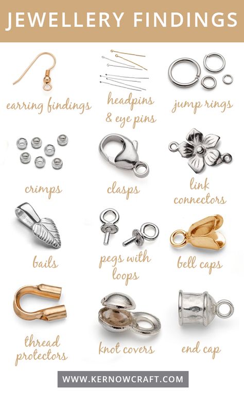 This guide shows you the most popular jewellery findings to use in your handmade designs. Get all the jewellery making supplies you need online with Kernowcraft. Jewelry Findings Guide, Jewellery Findings, قلادات متدلية, Anting Manik, Projek Menjahit, Jewelry Knowledge, Making Jewellery, Jewelry Techniques, Popular Jewelry