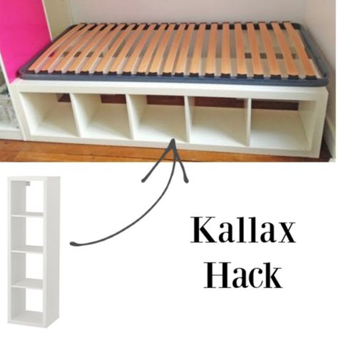 Kallax hack for a platform bed. #kallaxhacks #ikeahack #platformbed #kallax #bedroomdesign #diy Ikea Bed Hack, Cama Ikea, Diy Storage Bed, Ikea Kallax Shelf, Storage Hacks Diy, Ikea Kallax Regal, Ikea Kallax Hack, Kallax Shelf, Diy Platform Bed