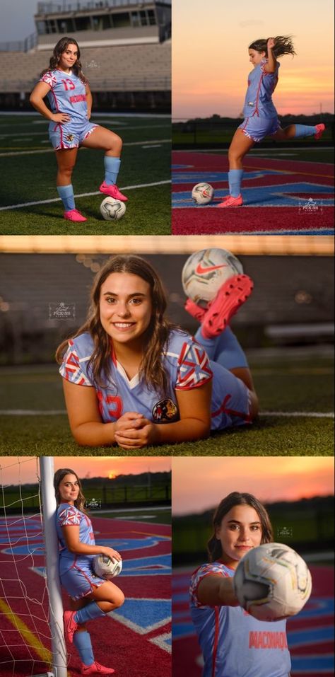 Senior Soccer Pictures Ideas, Fire Soccer Pics, Senior Picture Ideas Sports Soccer, Senior Sports Pictures Soccer, Senior Girl Soccer Portraits, Senior Picture Ideas Soccer Goalie, Sports Mini Session Photography, Poses For Soccer Pictures, Individual Sports Pictures