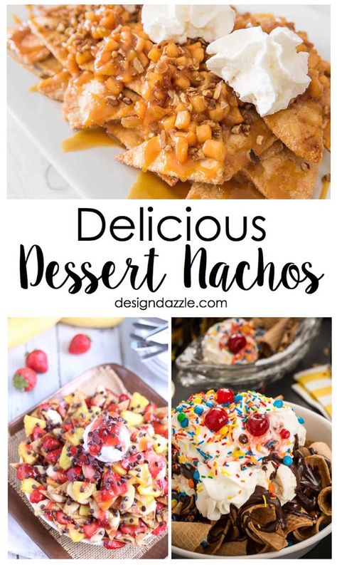 If you're looking for a great way to follow up your hearty plate of nachos, then these delicious dessert nacho recipes might be just what you're looking for! Desert Nachos, Nachos Dessert, Desserts Mexican, Dessert Nachos Recipe, Nacho Recipes, Nachos Recipe Beef, Dessert Nachos, Dessert Taco, Nachos Recipe Easy