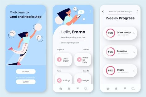 Goal Tracker App, Habit App Design, Apps Name Ideas, To Do App Design, Habit Tracking App, Home Page App Design, App Profile Design, App Home Page Design, Education App Ui Design