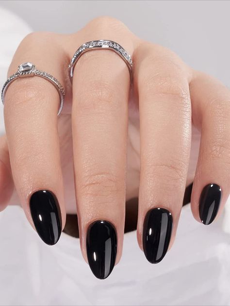 black press on nails almond Oval Pointy Nails Short, Squoval Dark Nails, Black Gel Extension Nails, Black Gel Nails Almond, Small Almond Nails Acrylic, Long Black Almond Nails, Black Nails With Black Rhinestones, Black Basic Nails, Edgy Gel Nails