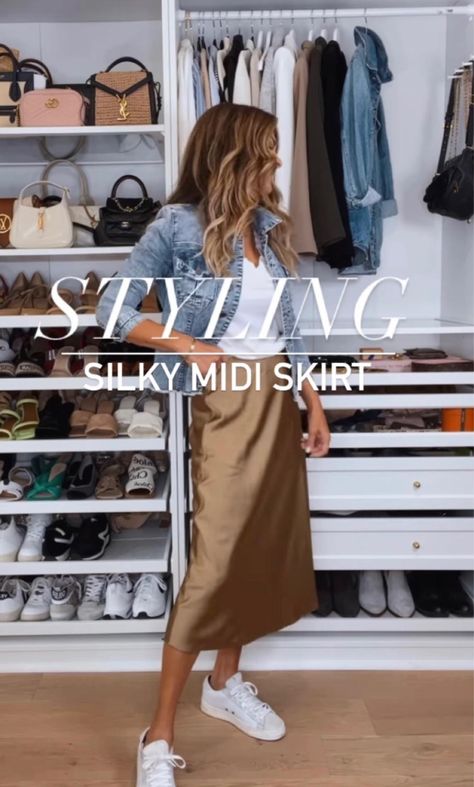 How To Style A Silk Skirt For Fall, Silky Skirt Outfit Winter, Satin Slip Skirt Outfit Casual, How To Wear Silk Skirt, Silky Midi Skirt Outfit, Slip Midi Skirt Outfit, Casual Silk Skirt Outfit, Casual Satin Skirt Outfit, Slip Skirt Outfit Fall