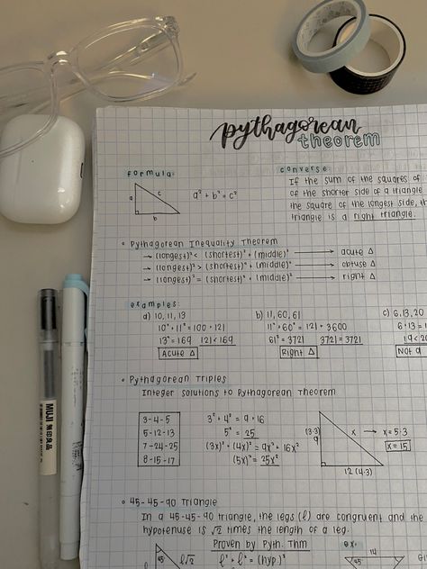 Collage Math Notes, Korean Math Notes, Pythagorean Theorem Notes Aesthetic, Math Aesthetic Notes Ideas, Pretty Notes Aesthetic Math, Neat Math Notes, Math Notes Design, Pythagoras Theorem Notes, Aesthetic Study Notes Maths