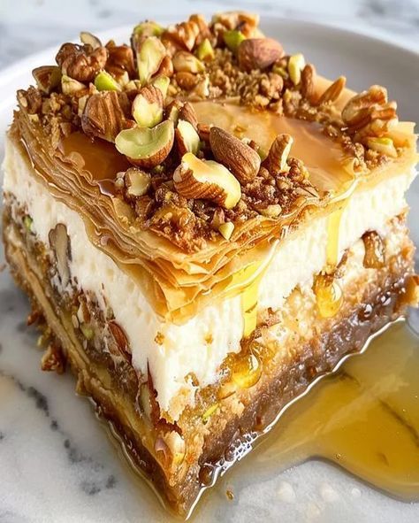 Baklava Cheesecake Recipe, Honey Baklava, Optimal Recipes, Baklava Cheesecake, Baklava Recipe, Greek Desserts, Phyllo Dough, Unique Desserts, 50th Party