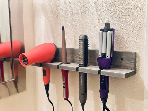 4 Slot Bathroom Organizer Shelf for Hair Styling Tools | Etsy Diy Hair Dryer Storage, Storing Hair Tools, Hair Dryer Storage Ideas, Hair Tool Storage Ideas, Diy Hair Tool Organizer Wall Mount, Hairdryer Storage Ideas, Curling Iron Holder Diy, Hair Tools Organization, Blow Dryer Storage