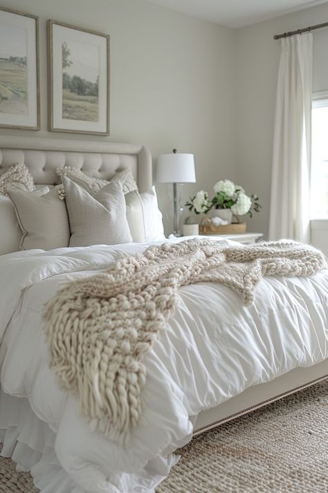 29 White Bedroom Ideas for a Fresh and Elegant Space - My Elegant Home Cozy White Bedroom, White Bedroom Cozy, Cream And White Bedroom, White Bedroom Ideas, All White Bedroom, Restful Bedrooms, Sophisticated Bedroom, Bedroom Ambiance, White Palette