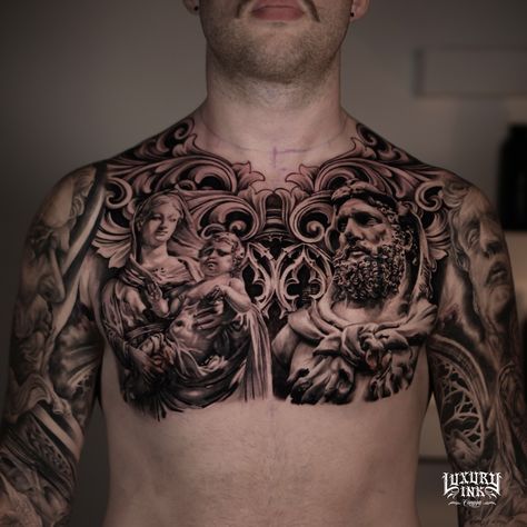 AMAZING FULL CHEST TATTOO DONE BY RESTU DONE USING @eztattooing @radiantcolorsink @balmtattooindo 💥DM US FOR YOUR FREE CONSULTATION TODAY💥 ▪️WORLDWIDE FAMOUS ARTISTS ▪️PRIVATE LUXURY LOCATION ▪️PACKAGES AVAILABLE ON REQUEST ▪️INTERNATIONAL AWARD WINNING ▪️CUSTOM DESIGNS ▪️VEGAN INK ▪️INTERNATIONAL HYGIENE STANDARDS ▪️SPONSORED BY THE BEST NAMED BRANDS WORLDWIDE FB/INSTA - @luxuryinkbali @luxuryinkcanggu @luxuryinkjakarta 📲 W/A +6281237096409 www.luxuryinkcanggu.com Catholic Chest Tattoos, Chest Middle Tattoo Men, Good Vs Evil Chest Tattoo, Religious Chest Tattoo, Greek Chest Tattoo, Chest Tattoo Man, Full Chest Tattoo Men, Tattoo Chest Men, Half Chest Tattoo Men Ideas