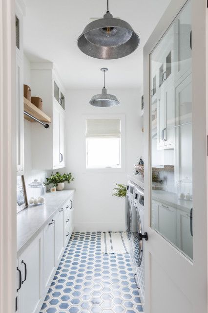 Narrow Laundry, Mudroom Laundry Room Ideas, Transitional Laundry Room, Pink Laundry Rooms, Narrow Laundry Room, Grey Laundry Rooms, Beach Style Bedroom, Pure Salt Interiors, Mudroom Laundry Room