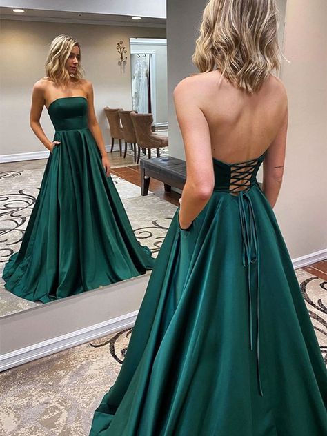 Prom Dresses With Pockets, Long Prom Dresses, A Line Prom Dresses, Color Number, Prom Dresses Lace, Stretch Satin, Green Satin, Long Prom Dress, Formal Evening Dresses