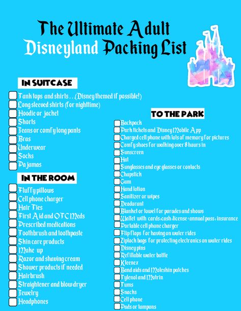 Disneyland Packing List. Disney packing list. Disneyland checklist. Disneyland backpack packing list. Disneyland suitcase packing list. Everything that you would need to pack as an adult for a Disneyland trip. Created by a seasoned annual passholder. What To Pack For A Disney Trip, Disneyworld Checklist Packing Lists, Disneyworld Packing Checklist, Vacation Packing List Disneyland, Disney Honeymoon Packing List, List For Disney World Packing, Disneyland Must Do List, Things To Wear To Disneyland, What To Take To Disneyland Packing Lists