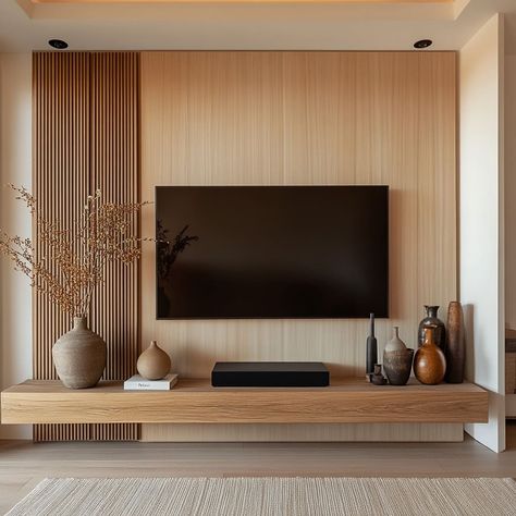 Tv Space Living Room, Tv Wall Design For Small Space, Unsymmetrical Tv Wall, Living Room Tv Wall Farmhouse, Living Room Tv Wall Minimalist, Living Tv Wall Design, Minimal Tv Unit Design Living Rooms, Japandi Style Tv Unit, Tv Wall Design Japandi