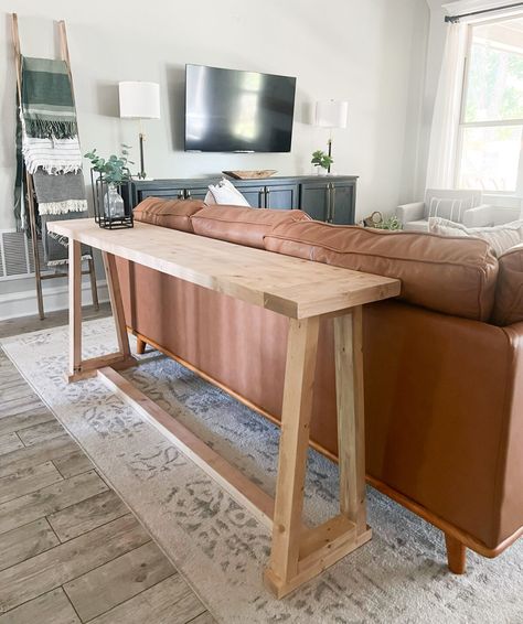 DIY Rustic Modern Console Table Diy Mid Century Console Table, Build Behind Couch Table, Diy Foyer Table Entryway, Back Of Couch Table Diy, Sofa Table Plans Diy, How To Build A Sofa Table Behind Couch, Simple Diy Console Table, Sofa Table Diy Behind Couch, Diy Tv Table Ideas