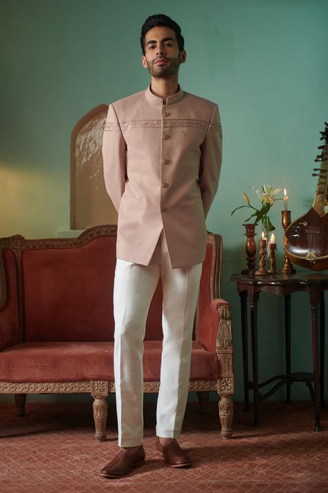 Shop for these amazing collections of Pink 100% Wool Embroidery Cutdana Roseate Bandhgala For Men by Philocaly online at Aza Fashions. Beige Bandhgala, Engagement Outfit For Man, Jodhpuri Suits For Men Wedding, Bandhgala For Men, Indo Western Outfits For Men, Best Wedding Suits For Men, Suit For Men Wedding, Jodhpuri Suits For Men, Best Wedding Suits