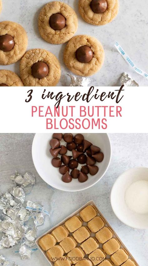 3 ingredient peanut butter blossoms Peanut Butter Kiss Cookie Recipe Easy, Peanut Butter Blossoms Easy, Pillsbury Peanut Butter Blossoms, Easy Blossom Cookies, Peanutter Blossom Cookies, Easy Hershey Kiss Cookies, Peanut Butter Hershey Kiss Cookies Easy, Easy Peanut Butter Blossoms, Peanut Butter Blossom Cookies Easy