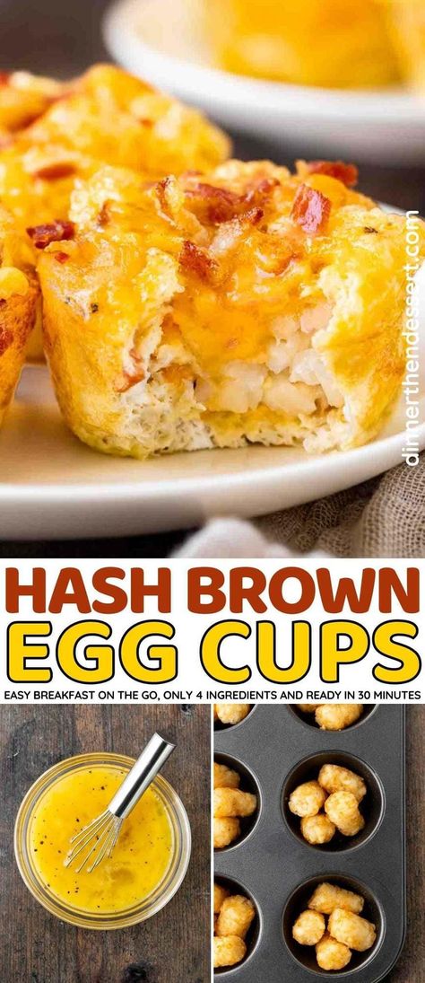 Hash Brown Egg Cups are a quick breakfast with scrambled eggs, shredded cheese, and bacon in a crispy tater tot crust baked in a muffin tin. Tatertot Egg Muffins, Tator Tot Egg Muffin Cups, Breakfast Cups With Hashbrowns, Hashbrown Egg Cups Muffin Tins, Tater Tot Egg Muffins, Eggs In Cupcake Pan Muffin Tins, Scrambled Eggs In Muffin Tin, Muffin Pan Egg Cups, Eggs And Tater Tots