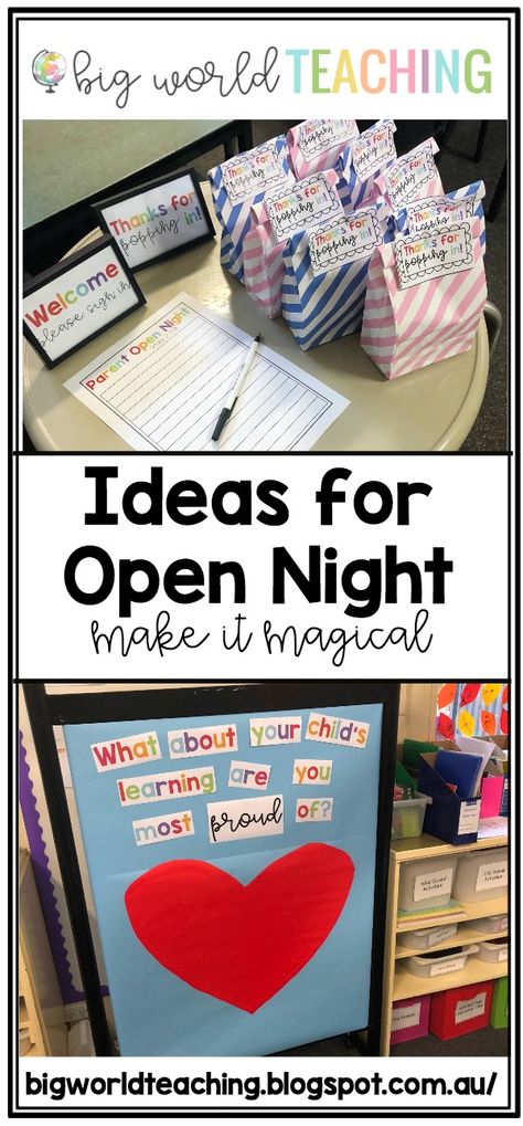 Big World Teaching: Ideas for an Open Night (Open House)! Open House Ideas For Special Ed Teachers, Parent Night Ideas For Teachers, Open House Kindergarten, Preschool Orientation, Parent Open House, Open House Gifts, Open House Activities, Open House Ideas, Open House Gift