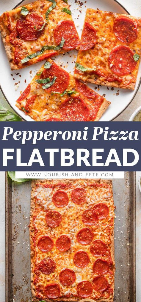 This super easy Flatbread Pepperoni Pizza takes about 5 minutes to toss together and another 10 minutes to bake, making it the perfect family-friendly meal for those days when you have no time and even less energy! Customize with your favorite toppings for a meal everyone will adore. Flatbread Pepperoni Pizza, Lavish Flatbread Pizza, Flat Bread Pizza Recipe Easy, Lavash Flatbread Pizza, Pepperoni Flatbread, Lavash Flatbread, Pizza Flatbread, Home Pizza, Pizza Recipes Pepperoni