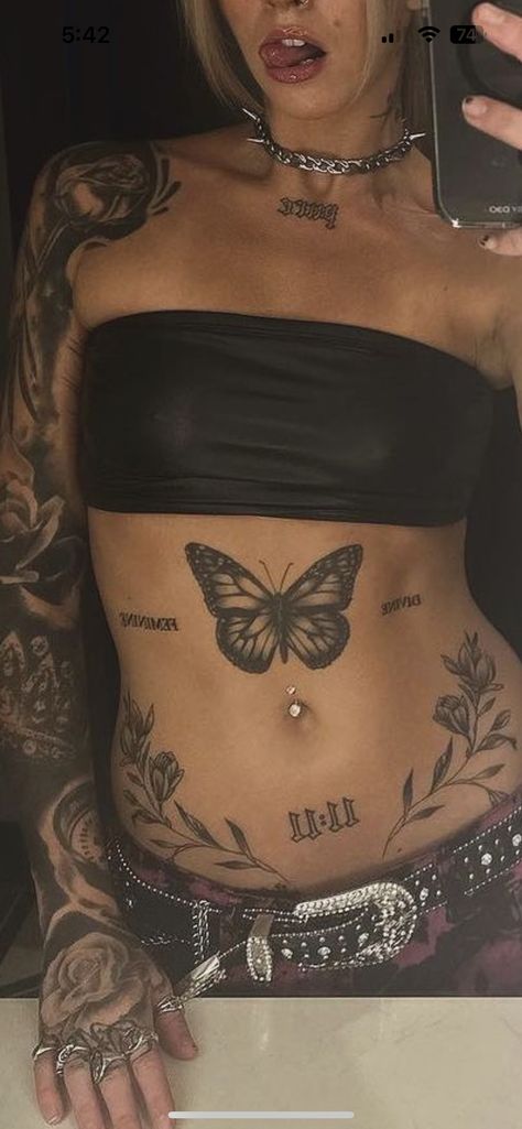 Side Stomach Tattoos, Feminine Back Tattoos, Lower Stomach Tattoos, Woman With Tattoos, Unique Butterfly Tattoos, Stomach Tattoos Women, Waist Tattoos, Belly Tattoos, Torso Tattoos