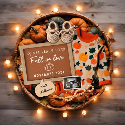 This is such a cute fall pregnancy announcement idea perfect for Thanksgiving or Halloween. This autumn themed announcement for your pregnancy is perfect for friends, family, grandparents, and social media. Cute unique photos that are simple to customize. Pumpkins and leaves. Announcement Pregnancy Photos, Pumpkin Pregnancy Announcement, Pregnancy Scan, Simple Pregnancy Announcement, Fall Baby Announcement, Unique Pregnancy Announcement, Thanksgiving Pregnancy Announcement, Pregnancy Announcement Photoshoot, Fall Pregnancy