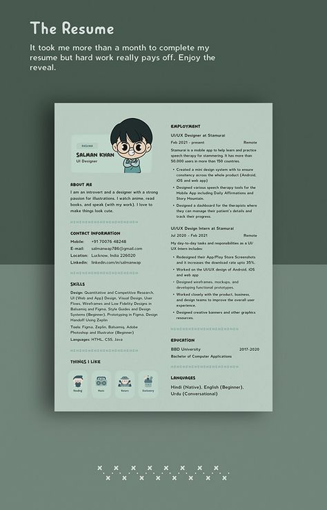 Cute Resume for Salman designed for himself. The cute resume is of green color and has a kawaii feel to it. Cute Resume, App Play, Green Color, Work Hard, The Year, Take That, Feelings, Green, Quick Saves