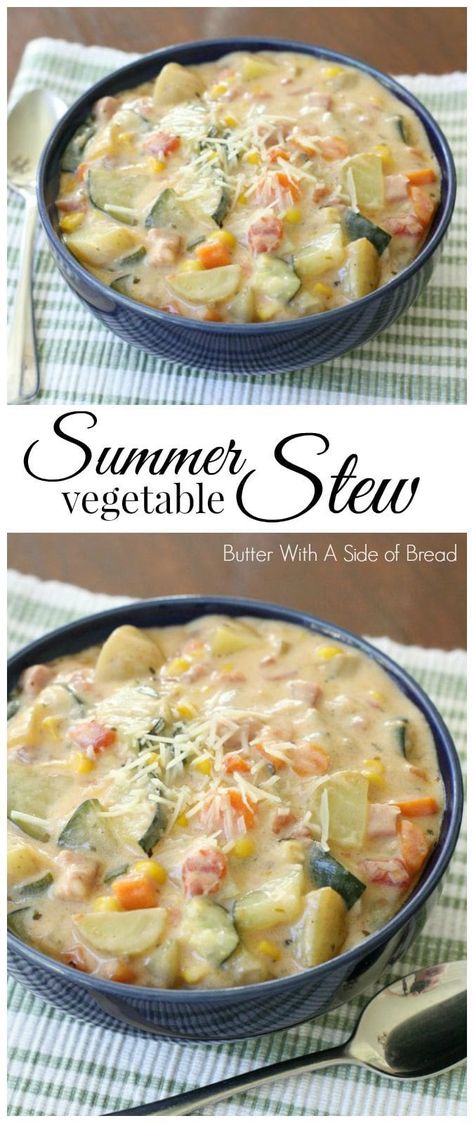 Summer Vegetable Stew is delicious, with tomatoes, zucchini, carrots and more. Fresh flavors perfect for a weeknight summer meal when the garden is overflowing. Summer Stew, Summer Meals, Summer Meal, Vegetable Stew, Summer Vegetable, Veggie Dishes, Delicious Soup, Stew Recipes, Soup And Salad