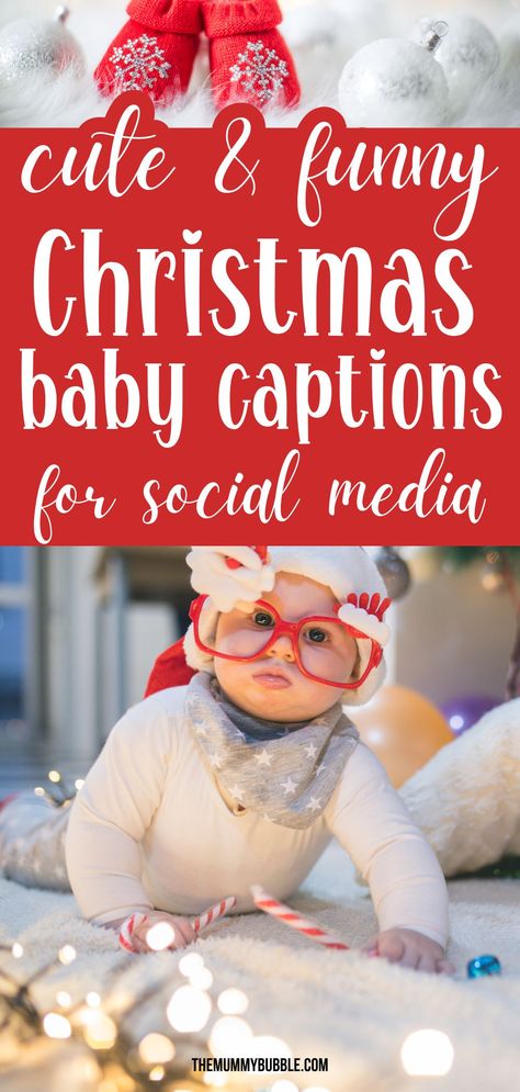 Inspiration for social media captions and quotes to use in your photos of baby's first Christmas. Baby’s First Christmas Quotes, Baby Christmas Captions For Instagram, Babies First Christmas Quotes, Christmas Baby Captions, Baby Christmas Letter Board Ideas, Baby Christmas Captions, December 1st Quotes Funny, First Christmas Captions, Christmas Picture Captions