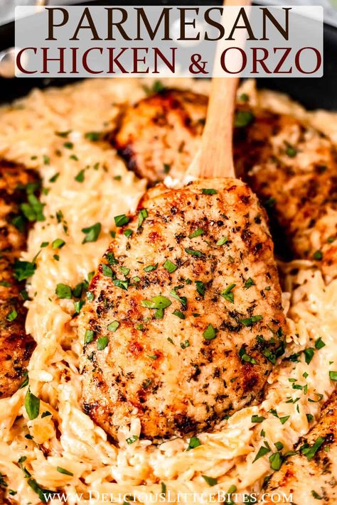 Creamy Parmesan Chicken Orzo Skillet is a rich, comfort food meal that's easy to make any night of the week. Juicy chicken and creamy, savory Parmesan orzo pasta combine deliciously in this skillet recipe. This versatile dish can be served with a side of veggies, or you can mix in a variety of vegetables, like steamed broccoli or fresh spinach, to make it a one-pan meal. Creamy Chicken Orzo With Spinach, Orzo Skillet Recipes, Oven Baked Chicken And Orzo, Chicken Pesto Orzo, Parmesan Chicken Orzo, Chicken Orzo Skillet, Parmesan Orzo Pasta, Orzo Recipes Healthy, Bow Pasta