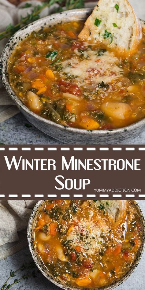 Jan 23, 2020 - This Winter Minestrone Soup is made with seasonal vegetables and is literally packed with vitamins. Thick, comforting, full of flavor - a perfect soup for chilly days! Bean Soup Recipes Healthy, Bean Soup With Canned Beans, Healthy Bean Soup, Soup Recipes Winter, Winter Minestrone Soup, Bean Soup With Sausage, Winter Minestrone, Recipes Winter, Winter Soup Recipe