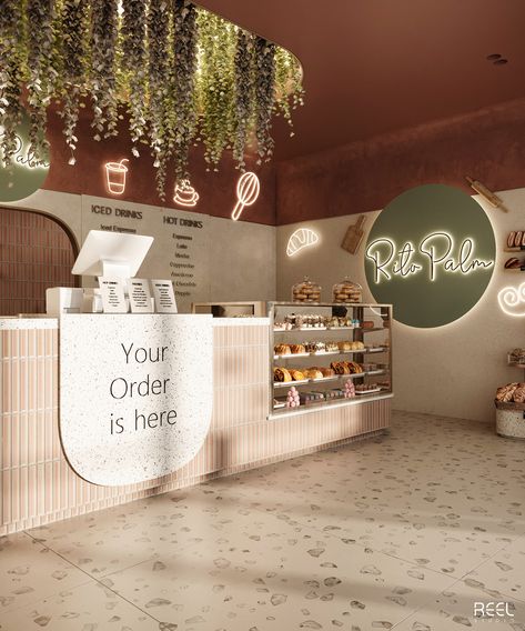 Bakery And Restaurant Design, Different Cafe Design, Bakery Retail Design, Trendy Cafe Interior, Bakery Store Design Interiors, Small Bakery Interior Design Ideas, Sage Green Coffee Shop, Smoothie Shop Ideas, Drink Shop Design