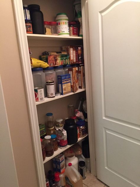 Having a beautiful yet organized pantry makes eating healthier that much easier.  Take a look at how we completely organized our pantry.   This is the before of the pantry. Everything was a mess and we never had enough space. The shelves are narrow and didn't fit everything we needed.   This is the after picture. We build in an additional 2 shelves by just getting some pieces of wood from Home Depot. We installed them ourselves as well using a smaller piece of wood nailed to the wall a… Pantry Alternatives, Ikea Pantry Organization, Pantry Hacks, Pantry Organization Hacks, Pantry Storage Containers, Built In Pantry, Pantry Storage Cabinet, Pantry Cupboard, Pantry Makeover