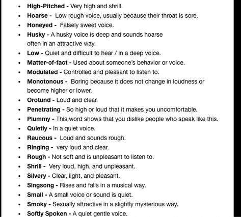 Words to Describe Someone's Voice - 2 Character Tone Of Voice, Words That Describe Someone's Voice, Ways To Describe Voices In Writing, Different Ways To Describe A Voice, Ways To Describe Someone's Voice, How To Describe Someone's Voice, Words To Describe Tone Of Voice, Words To Describe Appearance, How To Describe Voices