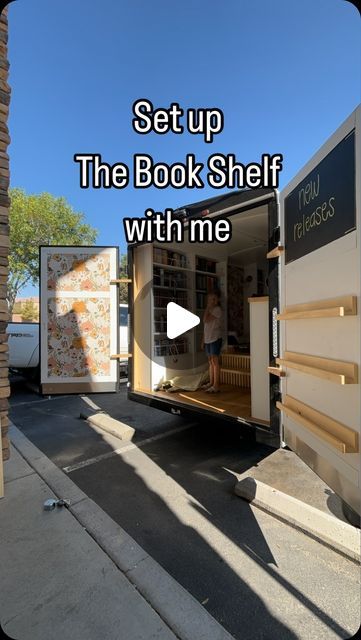 The Book Shelf on Instagram: "If only it was this fast! Have you ever wondered how we get ready for events?   Any questions about our set up? Let me know!   #thebookshelf #thebookshelfvegas #mobilebookstore #bookstore #lasvegasbookstores #independentbookstore #travelingbookstore #bookstoresetup #settingup" Camper Bookstore, Book Store Pop Up, Mobile Library Bus, Mobile Bookstore Pop Up, Bookstore Pop Up Booth, Bookstore On Wheels, Book Fair Set Up, Pop Up Shop Book Display Ideas, Bookstore Trailer