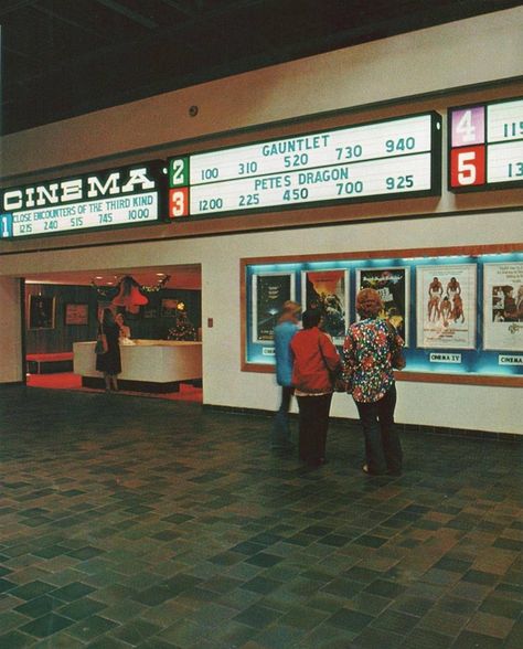 Pleasant Family Shopping: General Cinema's Feature Presentation Here are a few scenes from various General Cinema theatres from 1976 through 1980. If you grew up going to any of their theatres during or around that era, these photos should resonate. Movie Theater Aesthetic, Vintage Movie Theater, Movie Marquee, Pete Dragon, Vintage Mall, Cinema Theatre, 80s Movies, Close Encounters, Vintage Movie