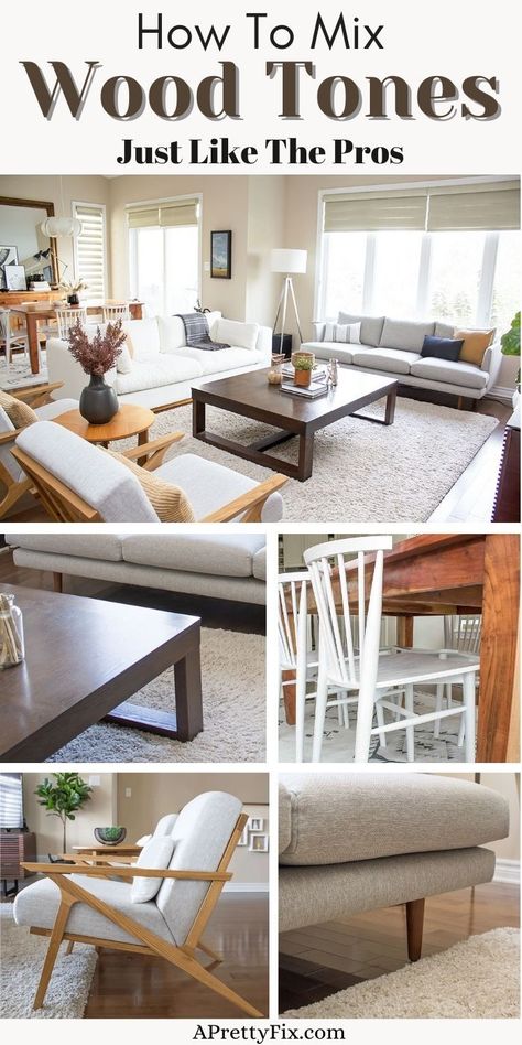 An approachable take on how to mix wood tones in your home just like the pros do in this simple guide. Lots of tips and tricks to help take the mystery out of mixing old and new furniture and created for real life! #mixingwoodtones #woodtones #diy #decoratingtips #interiors #howto Wood Furniture For Living Room, Espresso Wood Living Room Decor, Mixing Wood Tone Furniture, Mix Woods In Living Room, Living Room With Mixed Wood Furniture, Mixing Different Wood Furniture, How To Mix And Match Wood Tones, Mixing Wood Furniture Living Room, Mixing Gray And Brown Furniture