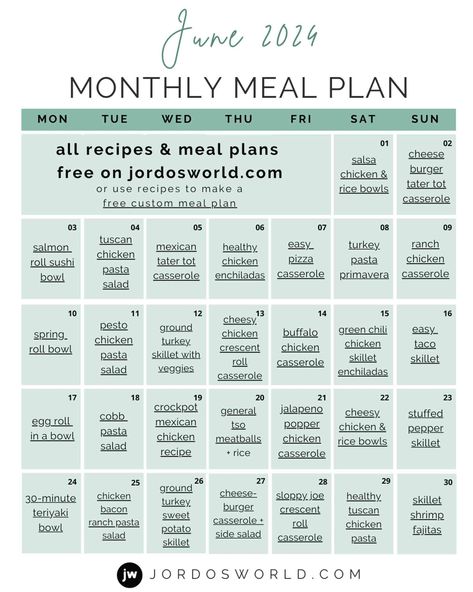 Free June Meal Plan! This free monthly meal plan calendar includes dinner plans for a whole month of eating easy, healthy recipes. July Meal Plan Calendar, July Meal Calendar, Healthy Dinner Plan For The Week, How To Meal Plan For The Week, Simple Meal Plans For The Week, Food Calendar Meal Planning, Monthly Dinner Calendar, Meal Plan Template Printable Free, Meal Planning Menus Families