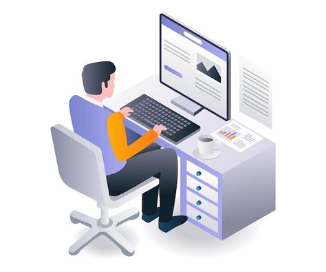 Flat isometric illustration concept man ... | Premium Vector #Freepik #vector #man-computer #man-work #busy-man #person-working Basic Digital Art, Person On Computer, Future Cpa, Man Working On Computer, Working With Laptop, Playing Computer, Working On Computer, Busy Man, App Wallpaper