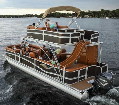 Party Barge Pontoon Boats, Pontoon Boats Ideas, Tritoon Pontoon Boats, Diy Pontoon Boat Remodel, Pontoon Boat Makeover Diy, Pontoon Boat With Slide, Diy Pontoon Boat, Pontoon Boat Ideas, Pontoon Boat Decor