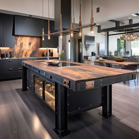 Industrial Kitchen Ideas Rustic, Rustic Industrial Kitchen Island, Neo Industrial Interior Design, Industrial Style Kitchen Ideas, Industrial Kitchen Backsplash Ideas, Rustic Island Kitchen, Industrial Interior Design Kitchen, Cafe Style Kitchen, Rustic Industrial Kitchen Design