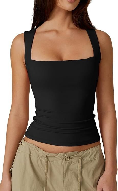 QINSEN Women's Square Neck Sleeveless Double-Layer Tank Tops Basic Tight T Shirts Black XL at Amazon Women’s Clothing store Double Layer Tank Top, Jeans Overall, Layered Tank Top, Cardigan Sweater Dress, Square Neck Top, Maxi Robes, Layering Tanks, Yoga Shorts, Basic Outfits